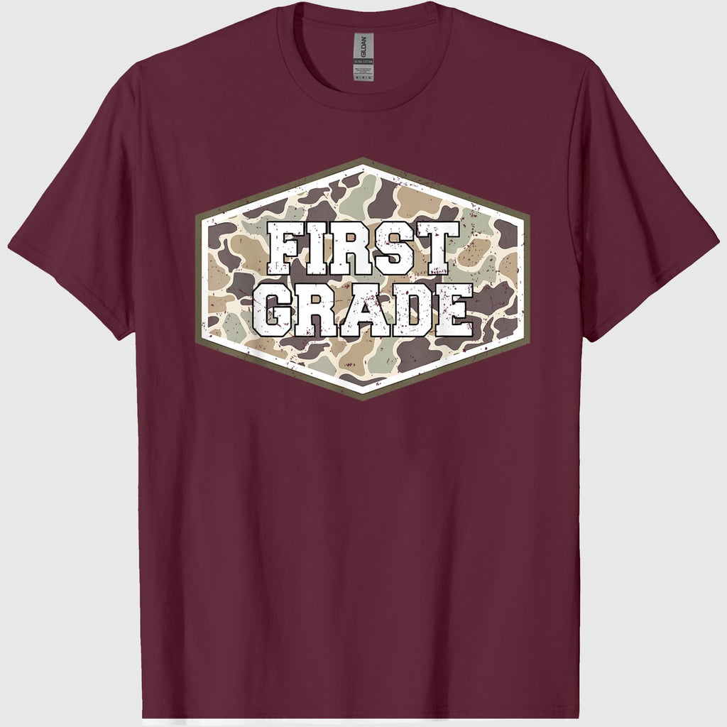 Camo First Grade Boy Hello 1st Grade Students Teachers T-Shirt