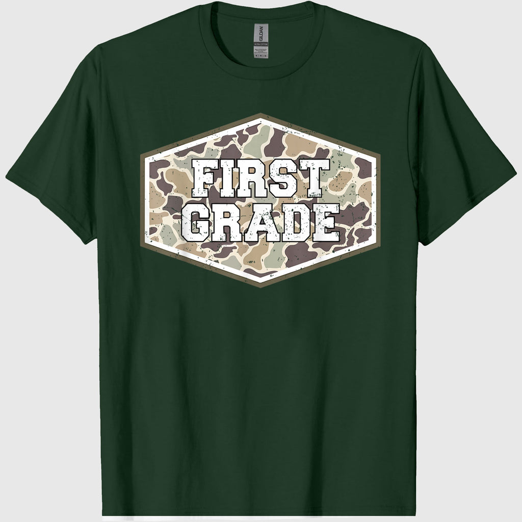 Camo First Grade Boy Hello 1st Grade Students Teachers T-Shirt
