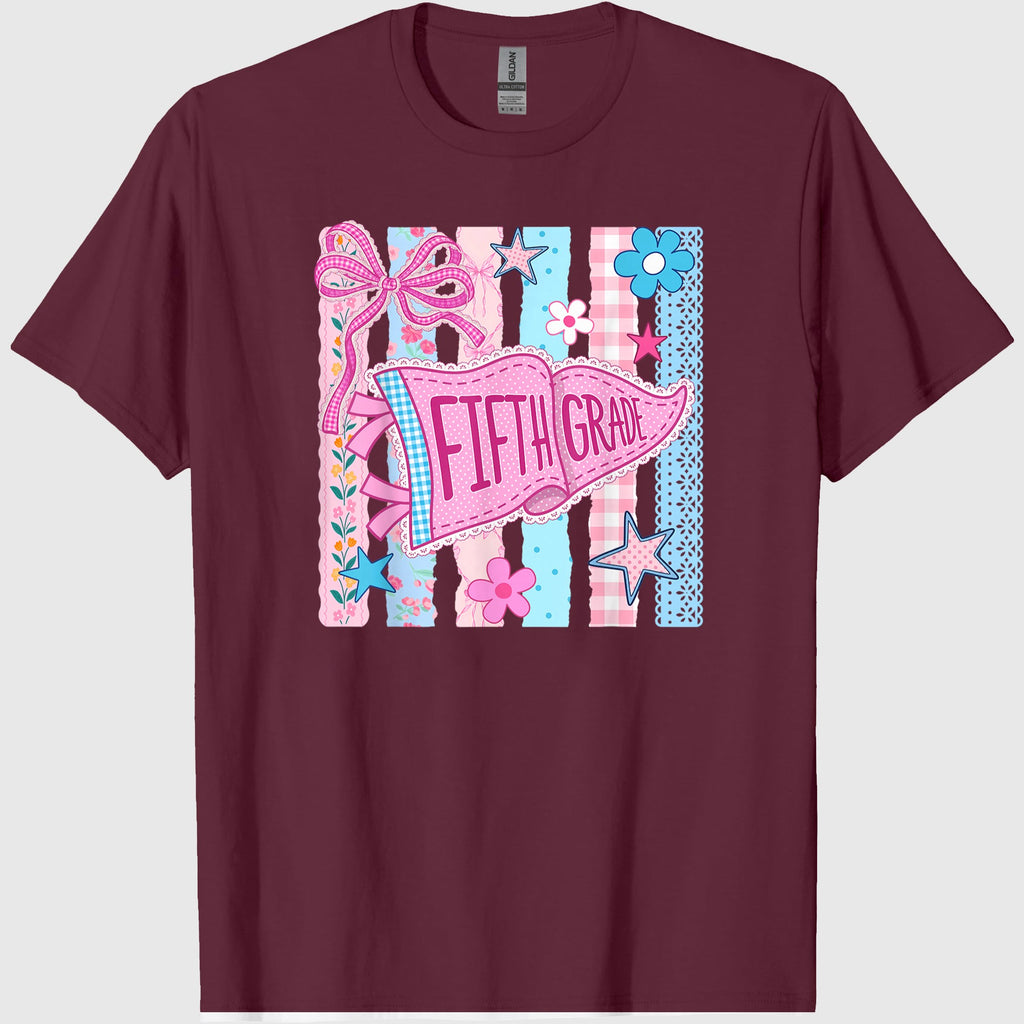 Striped Floral Pennant Flag Back to School Fifth 5th Grade T-Shirt