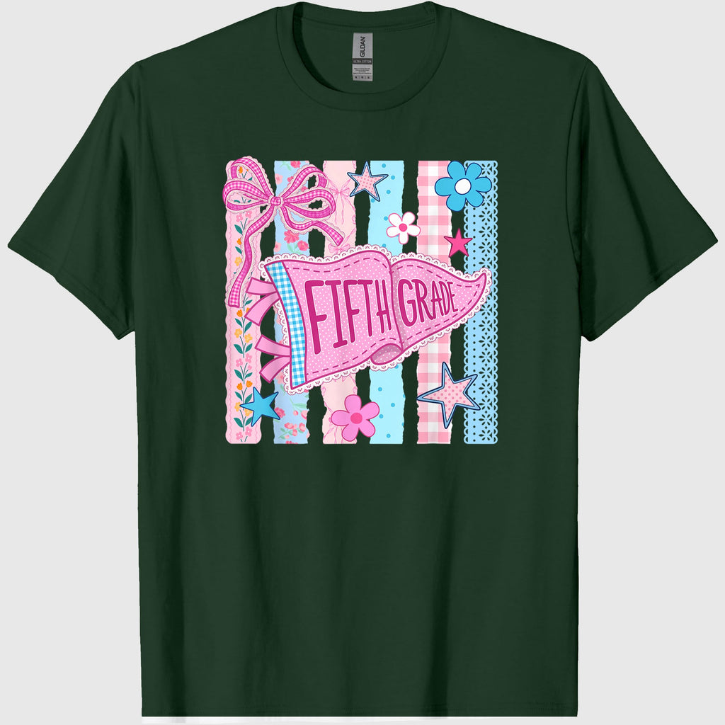 Striped Floral Pennant Flag Back to School Fifth 5th Grade T-Shirt